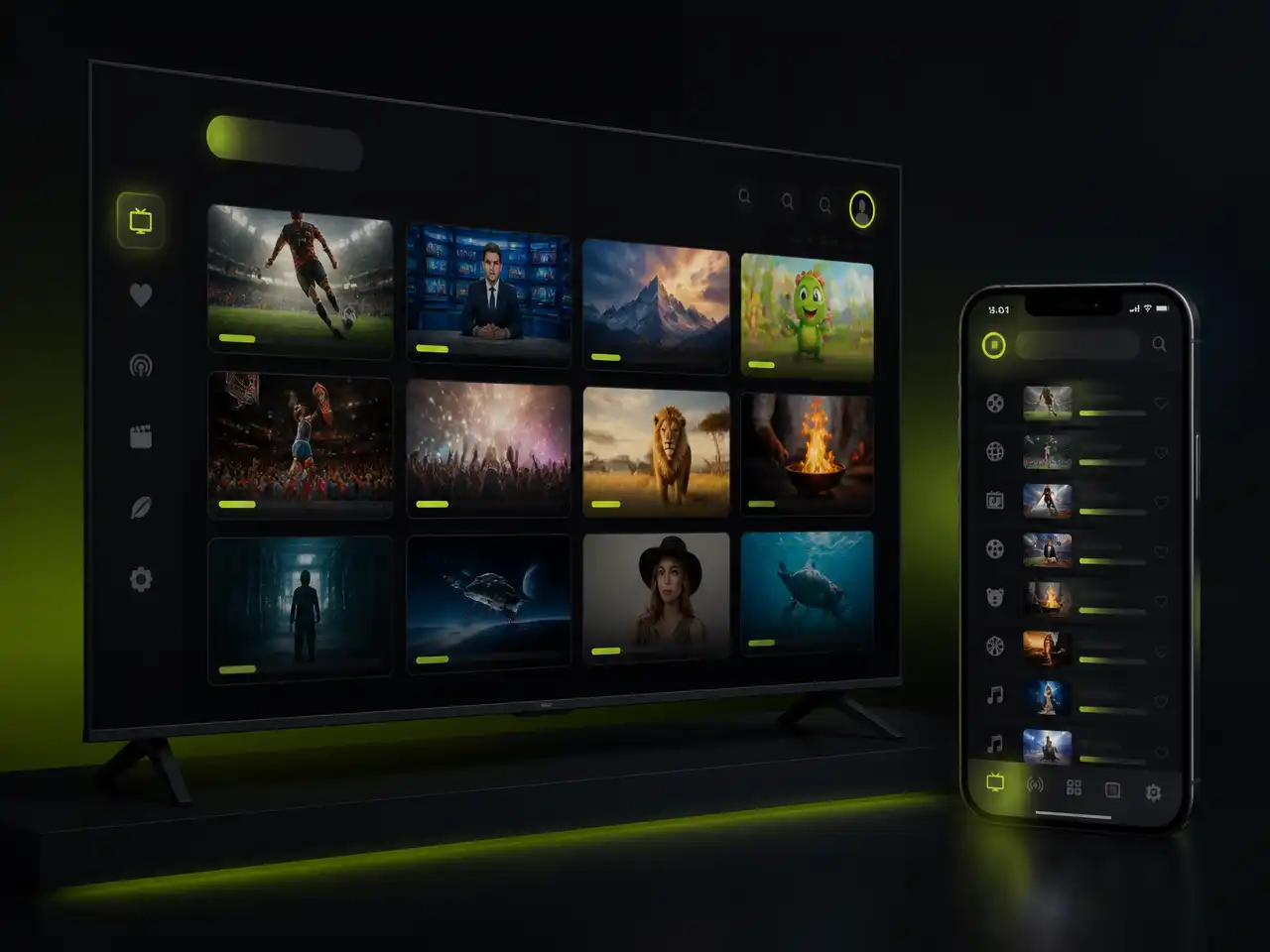Lime IPTV running on a Smart TV with a live channel grid and on an Android phone